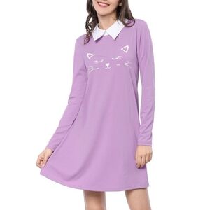 Allegra K Lavender Long Sleeve A-Line Dress with White Peter Pan Collar
